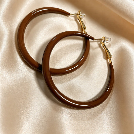 Chocolate Enamel Large Hoop Earrings
