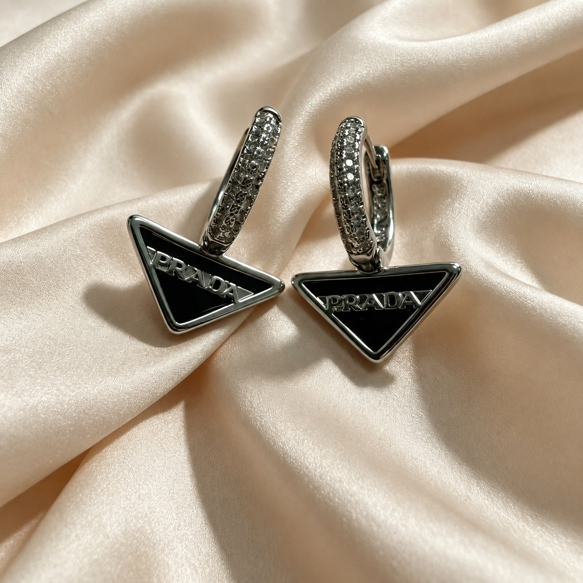 Crystal Huggie Hoops with Enamel Triangle Drop